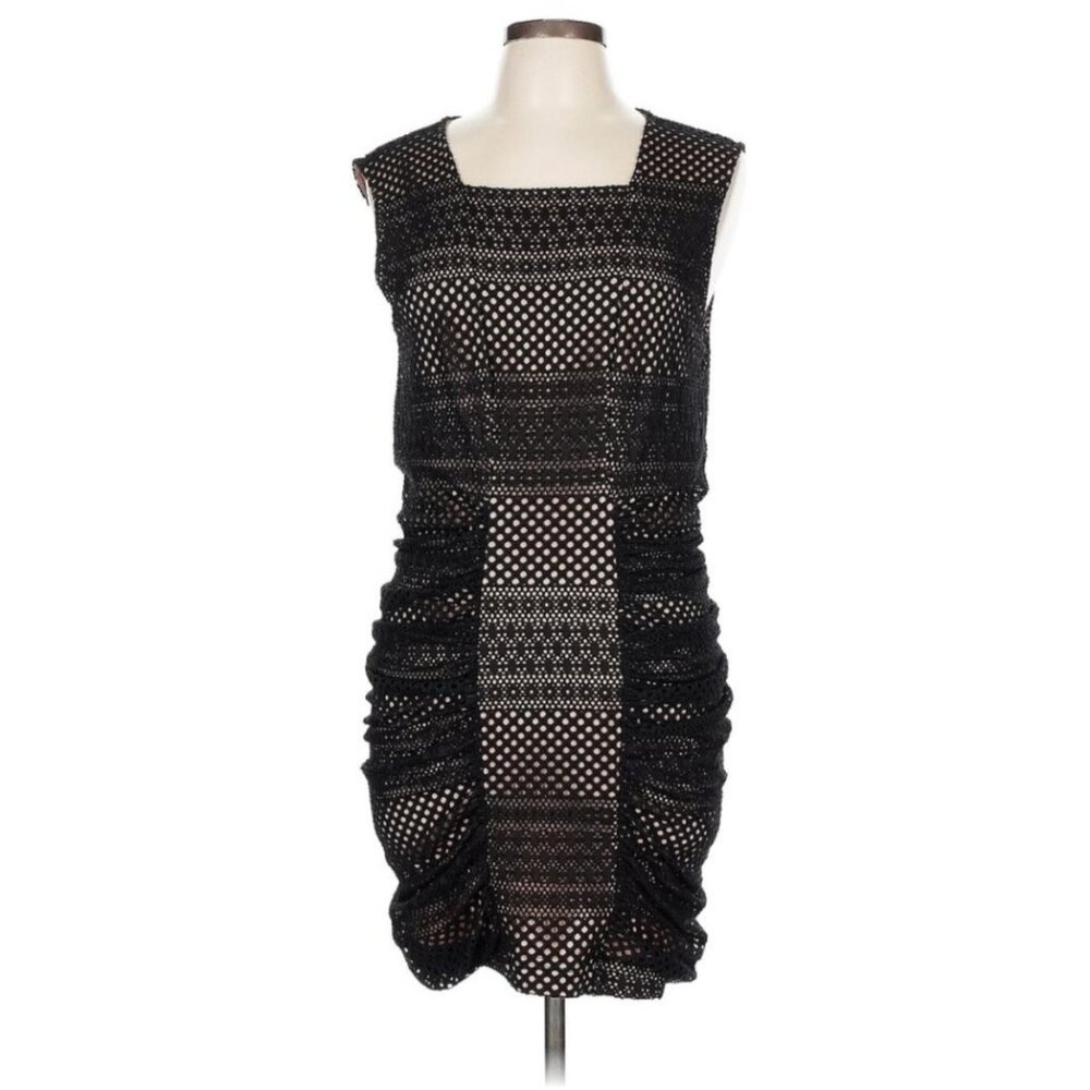 BCBGMAXAZRIA Renee Mesh Lace Overlay Dress‎ L Black Beige Lined Stretch Sexy NEW